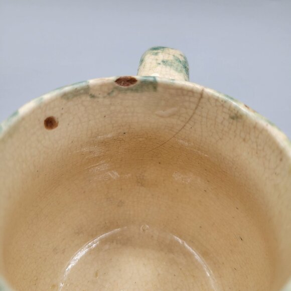 Antique Yellow Ware Spongeware Creamer Green Blue Primitive Kitchenware - Picture 6 of 7